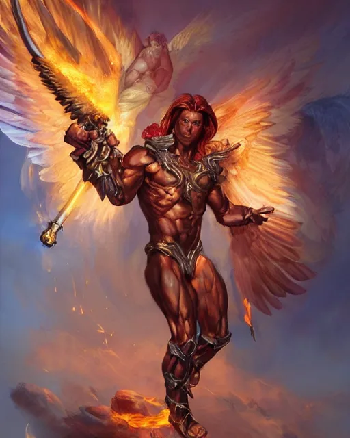 Prompt: character portrait of a muscular male angel of justice, with fiery golden wings, wearing shining armor, holding a flaming sword, by peter mohrbacher, mark brooks, jim burns, marina abramovic, wadim kashin, greg rutkowski, trending on artstation