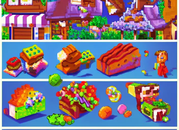 Image similar to pixel arts sheet for a game candy themed, candy park, oil painting by jama jurabaev, extremely detailed, brush hard, artstation, for aaa game, high quality, brush stroke