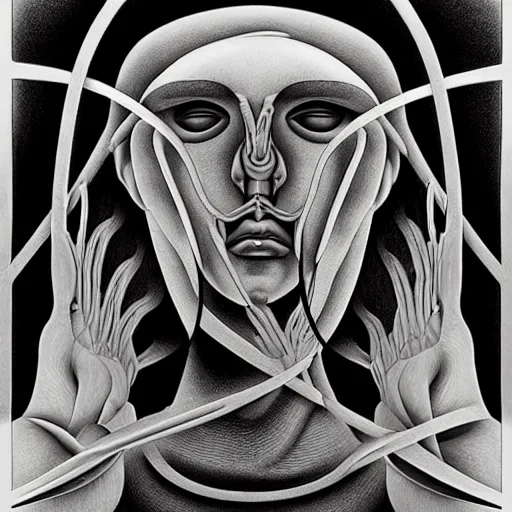 Prompt: airbrush and isograph polish poster conceptual figurative post - morden monumental portrait made by escher and giger, highly conceptual figurative art, intricate detailed illustration, illustration sharp geometrical detail, vector sharp graphic, controversial poster art, polish poster art