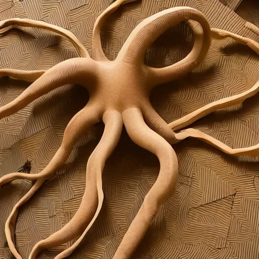 Image similar to many tentacles made of brown corrugated cardboard, cut out of cardboard, realistic photography, fantasy