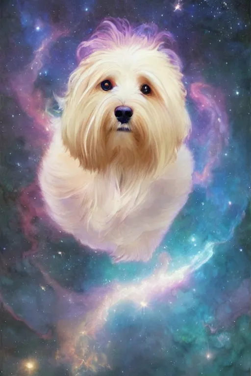 Image similar to a cream-colored Havanese dog in a beautiful nebula, water color, art by artgerm and greg rutkowski and alphonse mucha and jin xiaodi and anthony devine