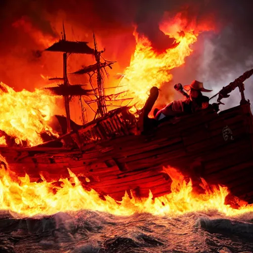 Prompt: pirate escaping a burning ship, wearing a cowboys hat, photo, national geographic