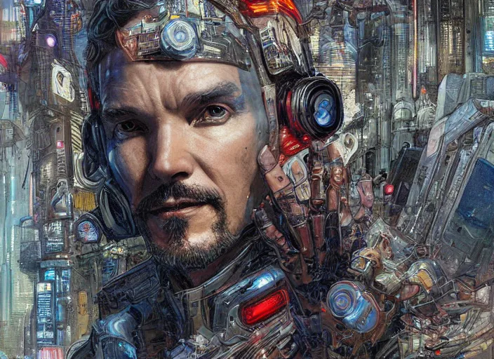 Image similar to a highly detailed cyberpunk portrait of stephen strange, james gurney, james jean