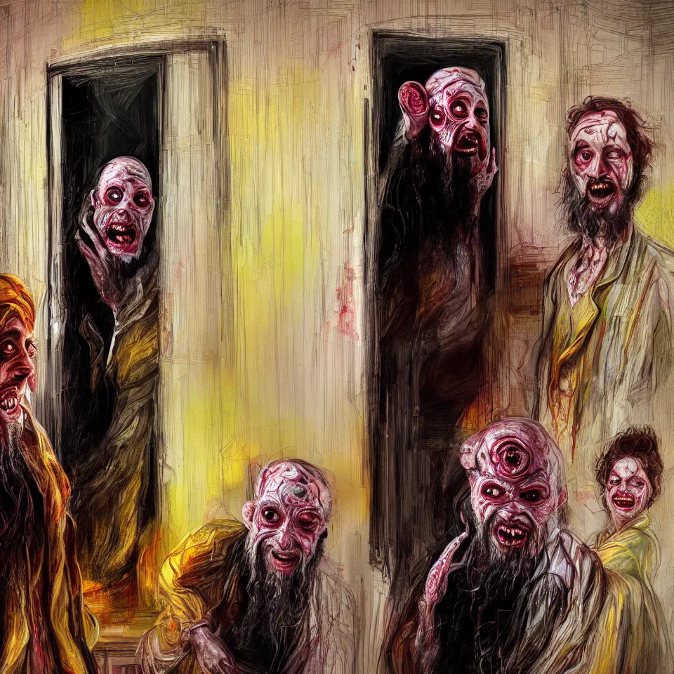 Prompt: bright realistic chabad cult smiling franticly, old apartment, rotten flesh, diffuse lighting, fantasy, intricate, elegant, highly detailed, lifelike, photorealistic, digital painting, artstation, illustration, concept art, smooth, sharp focus, art by francis bacon and jenny saville