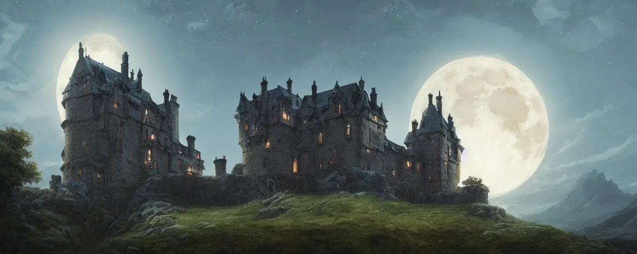 Image similar to a huge moon setting over a scottish castle, trees, fantasy, intricate, cinematic lighting, highly detailed, digital painting, artstation, concept art, smooth, sharp focus, illustration, art by artgerm and greg rutkowski and alphonse mucha