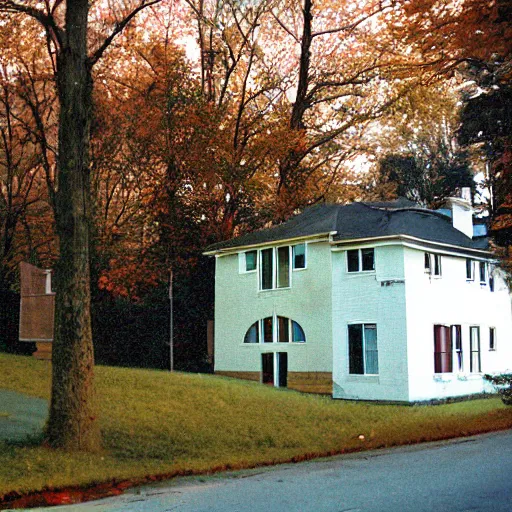 Image similar to a high flash photo of a suburban home from the street during autumn, 2 0 0 6, taken with a disposable camera