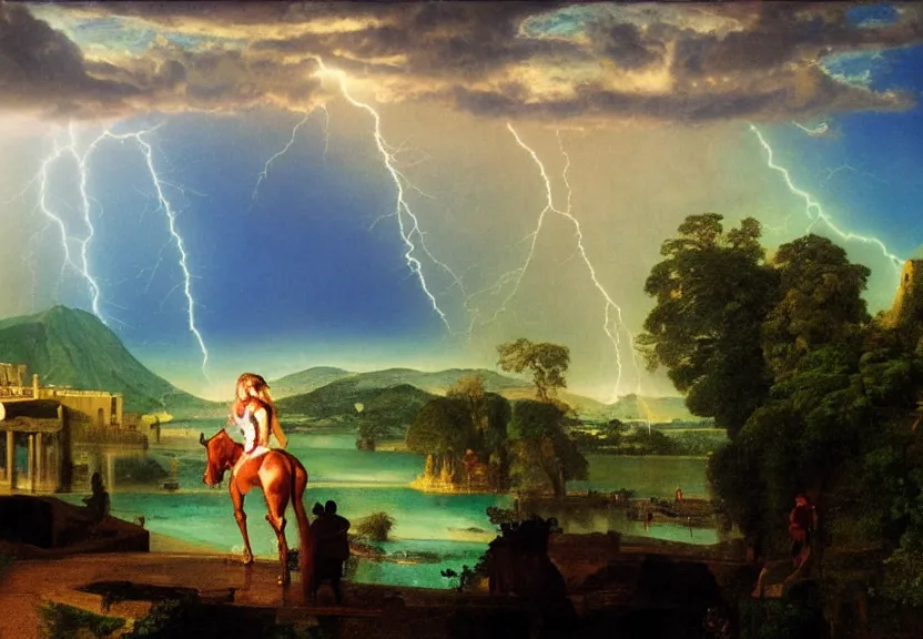 Prompt: Girl riding the horse on the palace bridge, refracted sparkles, thunderstorm, greek pool, beach and Tropical vegetation on the background major arcana sky, by paul delaroche, hyperrealistic 4k uhd, award-winning, very very very detailed