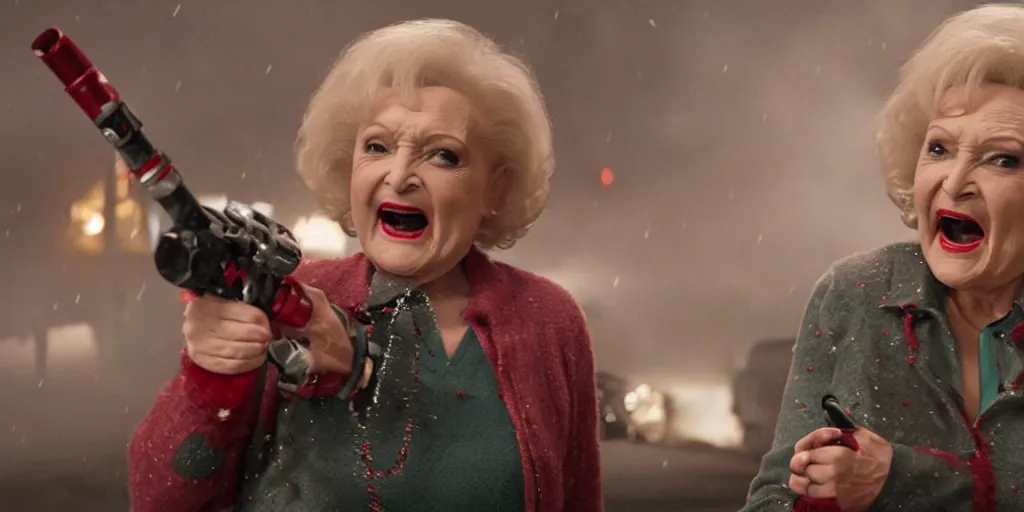 Image similar to betty white rocket launcher christmas nightmare horror by jordan peele cinematic fog snow night terrifying