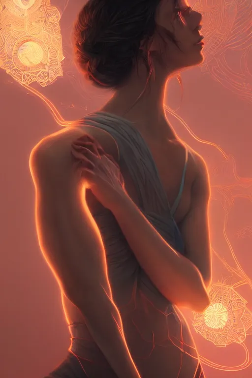 Image similar to detailed intricate digital illustration by greg rutkowski and artgerm and wlop and sanford robinson gifford ; yoga pose. bioluminescent radiant veins glowing ; 1 3 mm film, arri alfa anamorphic lens, sharp focus ; lit from behind, edge lighting, trending on artstation 8 k