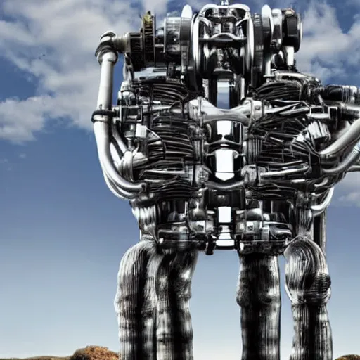 Image similar to a man with engines growing out of his back, man engine, man and machine