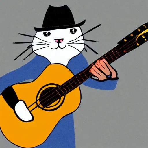 Prompt: a cat wearing straw hat playing guitar