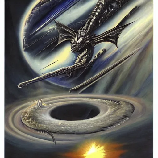 Image similar to painting by h. r. giger, menacing dragon soaring above the clouds, blackhole sun, dark undertones, exodus of the stars