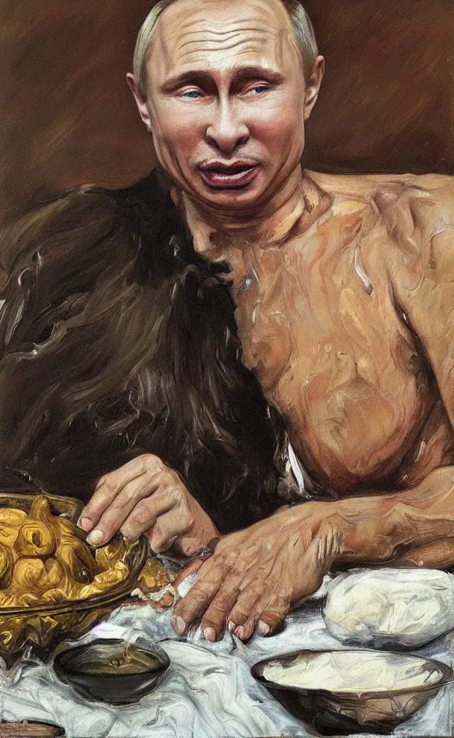 Image similar to Putin eating used diapers covered in brown substance at a dinner table, Putin portrait, brown liquid dripping down mouth, face of fear, ugly body painted by Lucian Freud, Jenny Saville, Ilya Repin