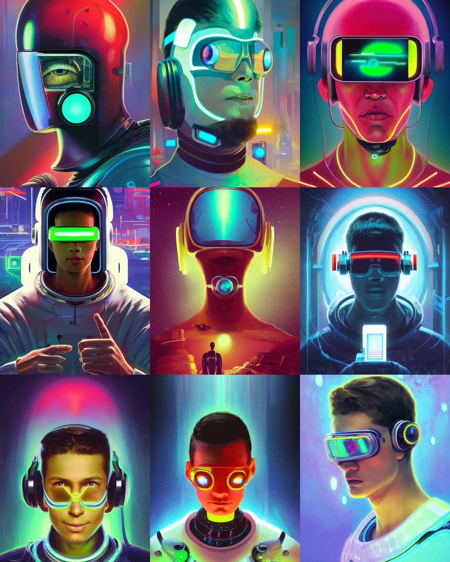 Image similar to future coder man looking on, sleek cyclops display over eyes and sleek bright headphoneset, neon accent lights, holographic colors, desaturated headshot portrait digital painting by dean cornwall, rhads, john berkey, tom whalen, alex grey, alphonse mucha, donoto giancola, astronaut cyberpunk electric