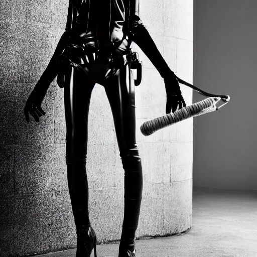 Image similar to fashion photography of an extraterrestrial model, holding a leather whip, wearing demobaza fashion, inside berghain, berlin fashion, harness, futuristic fashion, dark minimal outfit, photo 3 5 mm leica, hyperdetail, berghain, total black outfit, stone table, minimalism, 8 k, very detailed, photo by nick knight