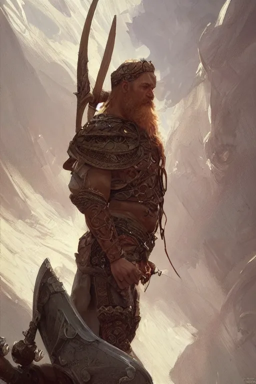 Image similar to male viking, intricate, elegant, highly detailed, digital painting, artstation, concept art, smooth, sharp focus, illustration, art by Krenz Cushart and greg rutkowski and Artem Demura and alphonse mucha