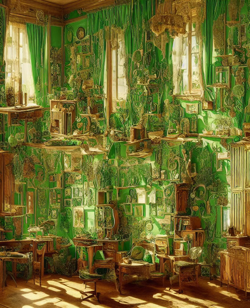 Image similar to room interior with furniture, green colors, designed by ernst haeckel, art forms in nature, afternoon light, intricate high details, sharp, ultradetailed