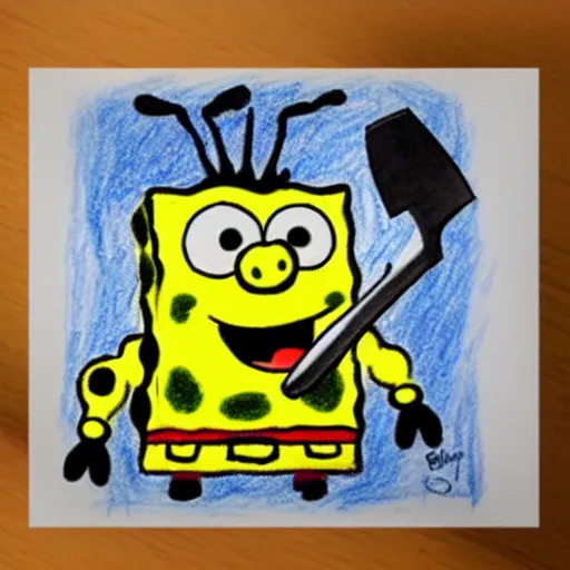 Image similar to crayon drawing of spongebob squarepants holding a kitchen knife