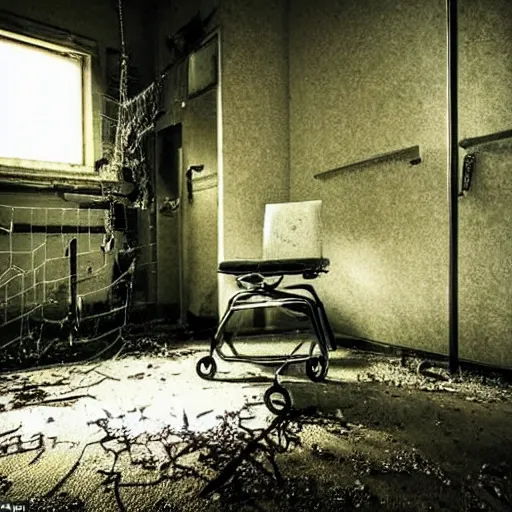 Prompt: eerie abandoned hospital room, filled with spider webs and reclaimed by nature, dark moonlit, warm eerie vibes sinister aesthetic