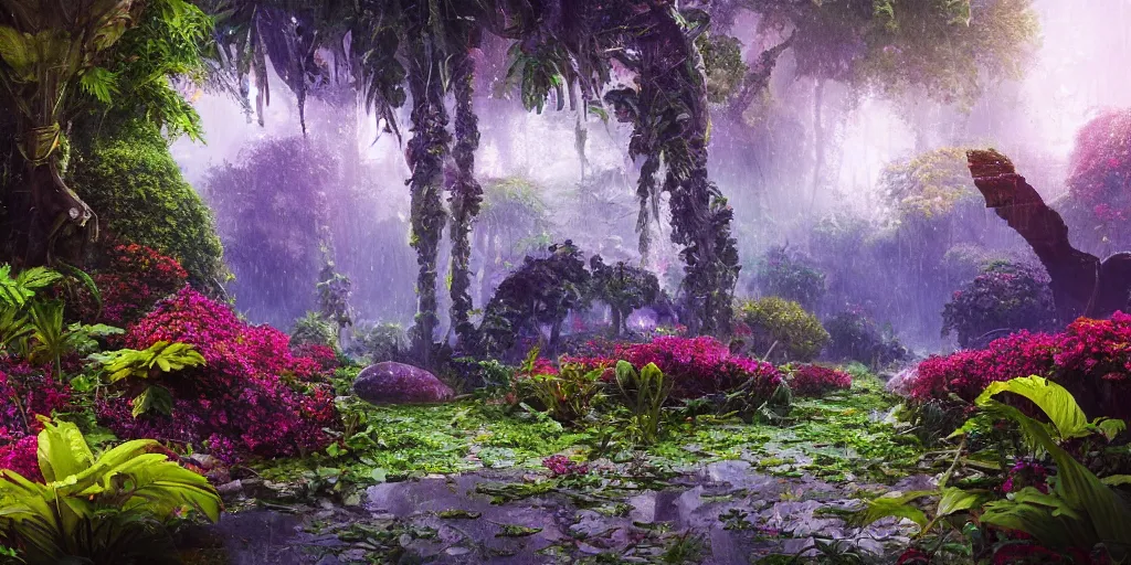 Image similar to An alien jungle, colorful flowers, pathway, reflection, rain, morning light, photorealistic, realistic, depth of field, temple ruins, high definition, soft light, high definition, detailed, 8k, artstation