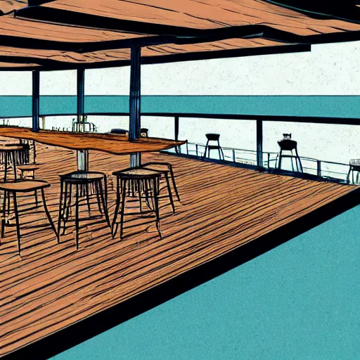 Image similar to rooftop bar overlooking beach in the style of Antoni Guadi, in the style of Mies van der rohe, digital illustration, Style of Moebius