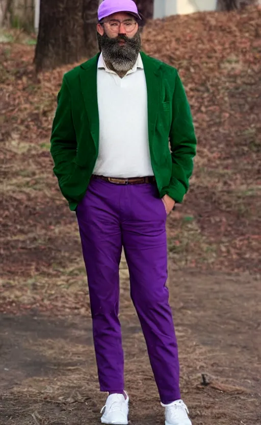 Prompt: a man of caucasian appearance with a chin - style brown beard without mustache in a black hat, green jacket, purple pants and white sneakers in full height, perfect face