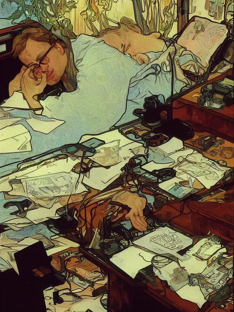 Prompt: John Carmack sleeping at desk near 90s computer running quake II, alphonse mucha style, impressionistic