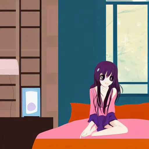 Prompt: cute art of shy beautiful anime girl watching tv inside a bedroom