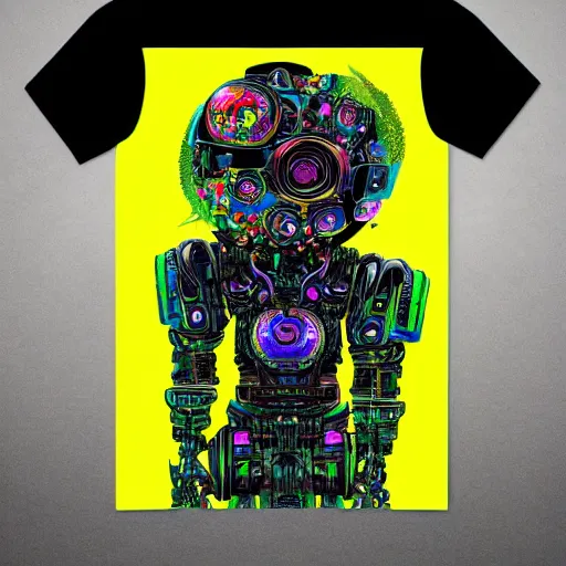 Image similar to black tshirt with a hyperdetailed portrait of a trippy diesel punk robot, 8 k, symetrical, flourescent colors, multicolored,