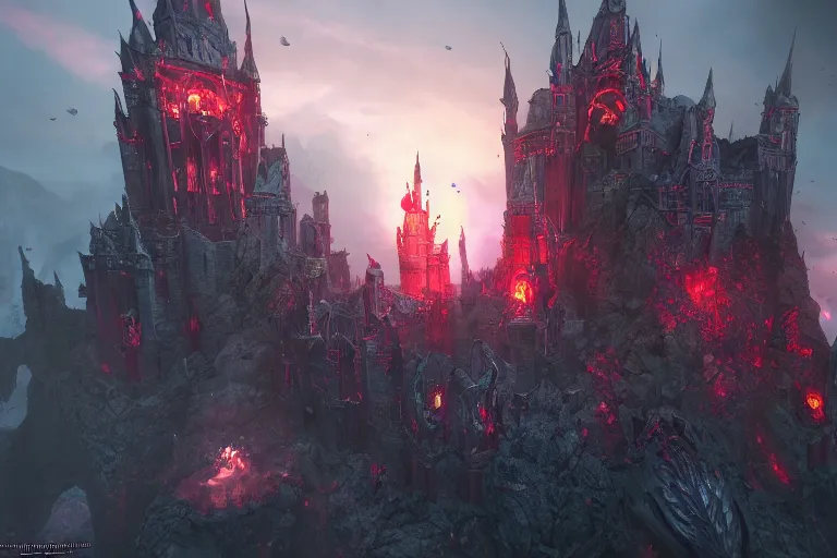 Image similar to big evil castle - city rock dark shadow elves, might and magic heroes vii, dark fantasy, shadows, artstation trending, unreal engine 5, red