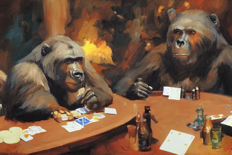 Image similar to 2 animals, gorrila, bear, playing poker highly detailed beautiful, by gregory manchess, james gurney, james jean