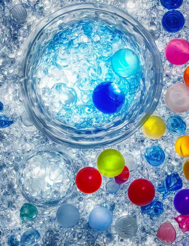 Prompt: a well - lit studio photograph of a clear bowl of water with various plastic toys floating in it, some smooth, some wrinkled, some long, some spherical, various sizes, textures, and transparencies, beautiful, smooth, detailed, inticate