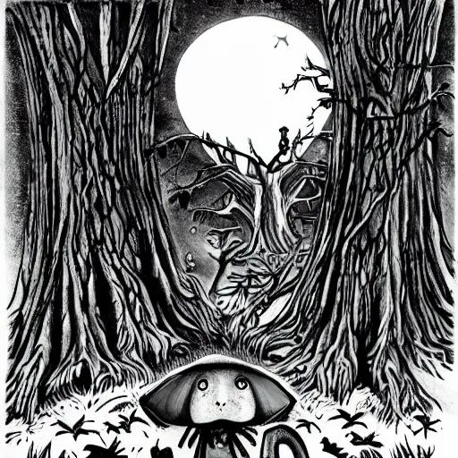 Prompt: a lost child along with his pet rabbit, surrounded by huge menacing trees with mouths and eyes, night, spooky, illustration