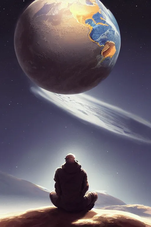 Image similar to Man sitting on the moon with a view of the earth in the background, elegant, digital painting, highly detailed, artstation, concept art, smooth, sharp focus, illustration, art by artgerm and greg rutkowski.