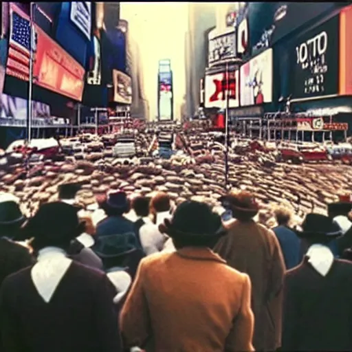 Image similar to still of donald trump clones invading time square, in barry lyndon ( 1 9 7 9 ), morning photograph