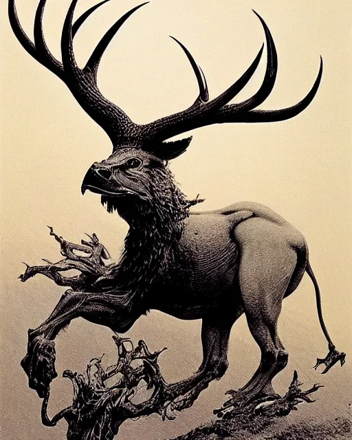 Image similar to a creature with the body and eyes of a man, with the beak of an eagle, the mane of a lion, and the antlers of a bull. drawn by moebius and zdzislaw beksinski