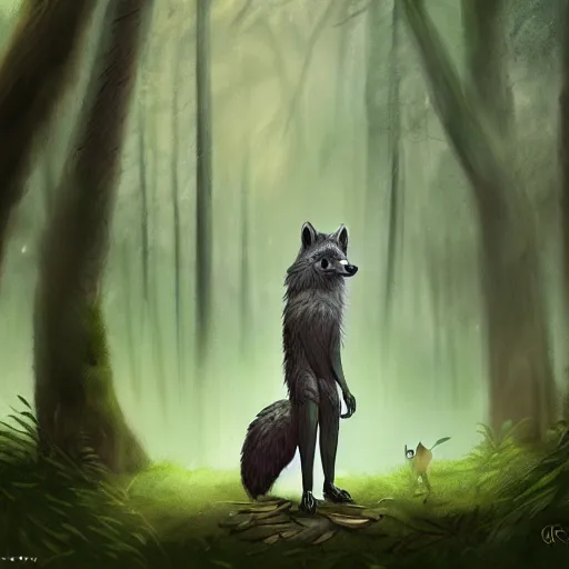 Image similar to a woodland druid in a forest with a wolf bird and racoon, photorealistic, in the style of greg rutkowski, digital painting