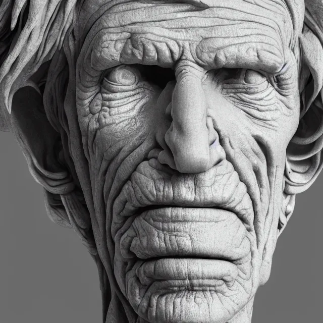 Prompt: photography of a bust of Keith Richards made of clay by Sebastian Kruger and Michelangelo, wrinkles, 50mm, studio atmosphere, 8K, rim light, octane render, ultra-realistic