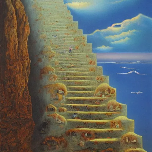Prompt: stairway to heaven, surrealism, oil on canvas, high detail, masterpiece