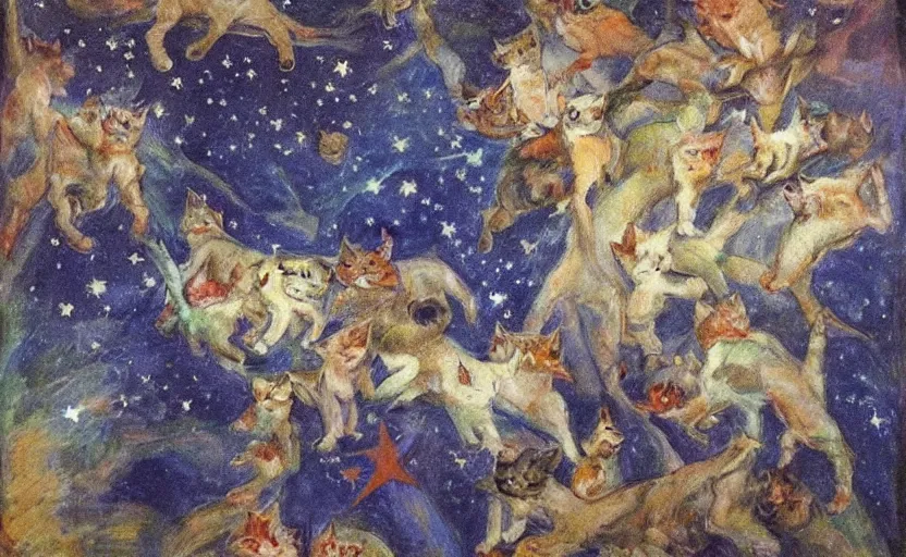 Image similar to Vrubel drawing of night sky full of cats and stars, dreamy