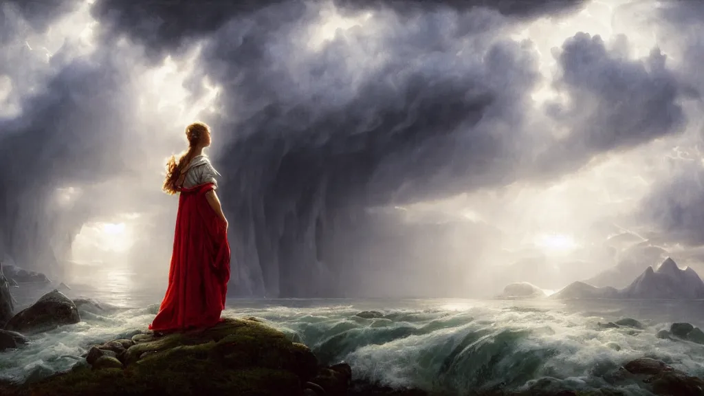 Image similar to mage, norway fjord, extreme close up portrait, hudson river school, max rive, stormy seas, white royal dress, beautiful, bokeh, gentle, female, snowy, storm clouds, god rays, extreme close up portrait, d & d, fantasy, elegant, low key color palette, concept art, roger deakins and greg rutkowski and alphonse mucha