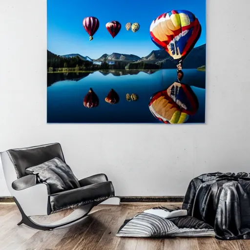 Image similar to photo of two black swans touching heads in a beautiful reflective mountain lake, a colorful hot air balloon is flying above the swans, hot air balloon, intricate, 8k highly professionally detailed, HDR, CGsociety