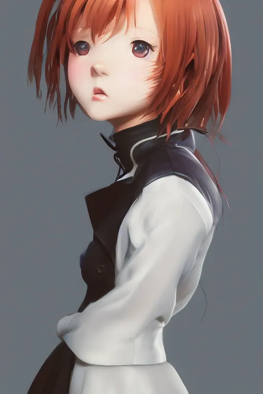 Image similar to Very complcated dynamic composition, realistic anime style at Pixiv, Zbrush sculpt colored, Octane render in Maya and Houdini VFX, young redhead girl in motion, wearing jacket and skirt, silky hair, black stunning deep eyes. By ilya kuvshinov, krenz cushart, Greg Rutkowski, trending on artstation. Amazing textured brush strokes. Cinematic dramatic soft volumetric studio lighting