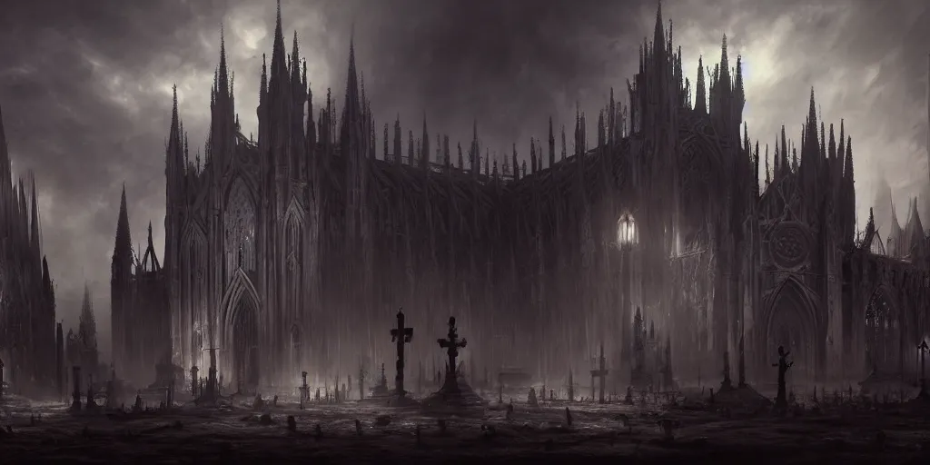 Image similar to a dark fantasy landscape with a Gothic Cathedral with a cemetary, wide angle, super highly detailed, professional digital painting, artstation, concept art, smooth, sharp focus, no blur, no dof, extreme illustration, Unreal Engine 5, Photorealism, HD quality, 8k resolution, cinema 4d, 3D, beautiful, cinematic, art by artgerm and greg rutkowski and alphonse mucha and loish and WLOP