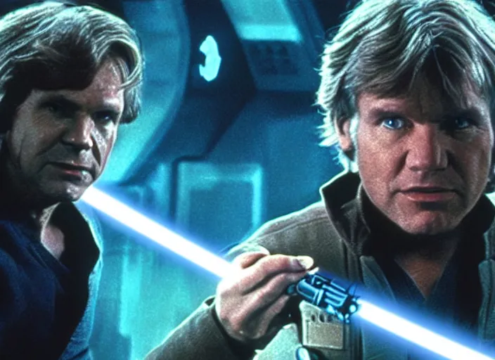 Prompt: screenshot from the lost star wars film, the lost jedi, scene of Han Solo on the millenium falcon, he's talking to a small blue hologram of Luke Skywalker, iconic scene from Star Wars, directed by Stanely Kubrick, moody cinematography, with anamorphic lenses, crisp, detailed, 4k