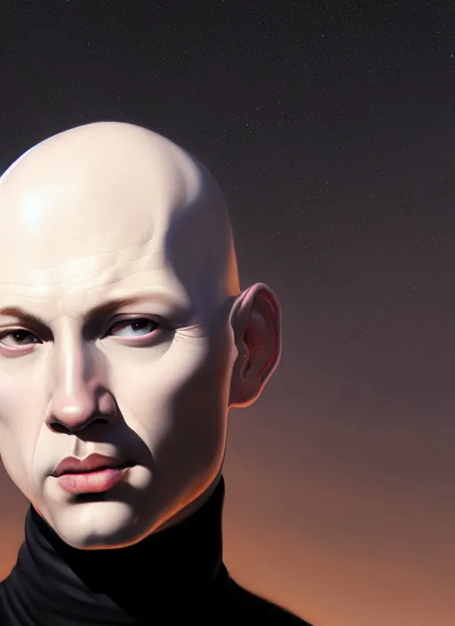 Prompt: face centered portrait of a porcelain skin bald man, in a black turtleneck, hyper realistic art, intricate, elegant, glowing lights, highly detailed, digital painting, artstation, concept art, smooth, sharp focus, art by wlop, mars ravelo and greg rutkowski