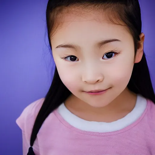 Image similar to portrait photo head and shoulders child Korean girl full lighting flash photo, Brightly lit, eyebrows exposed no hair on face mouth closed looking directly into camera