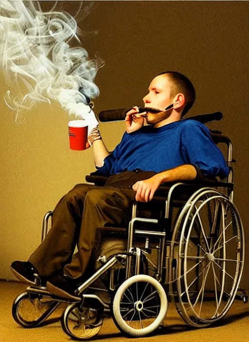 Prompt: timothy chamelet smoking a joint sitting in a wheel chair, photo, realistic