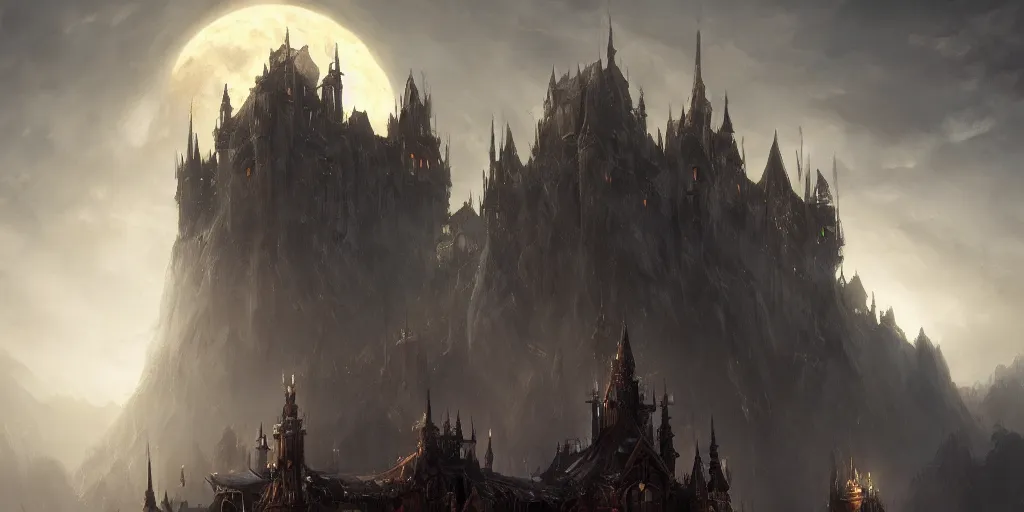 Prompt: Dark majestic fantasy fortress under a pale moon, Darek Zabrocki, Karlkka, trending on Artstation, 8K