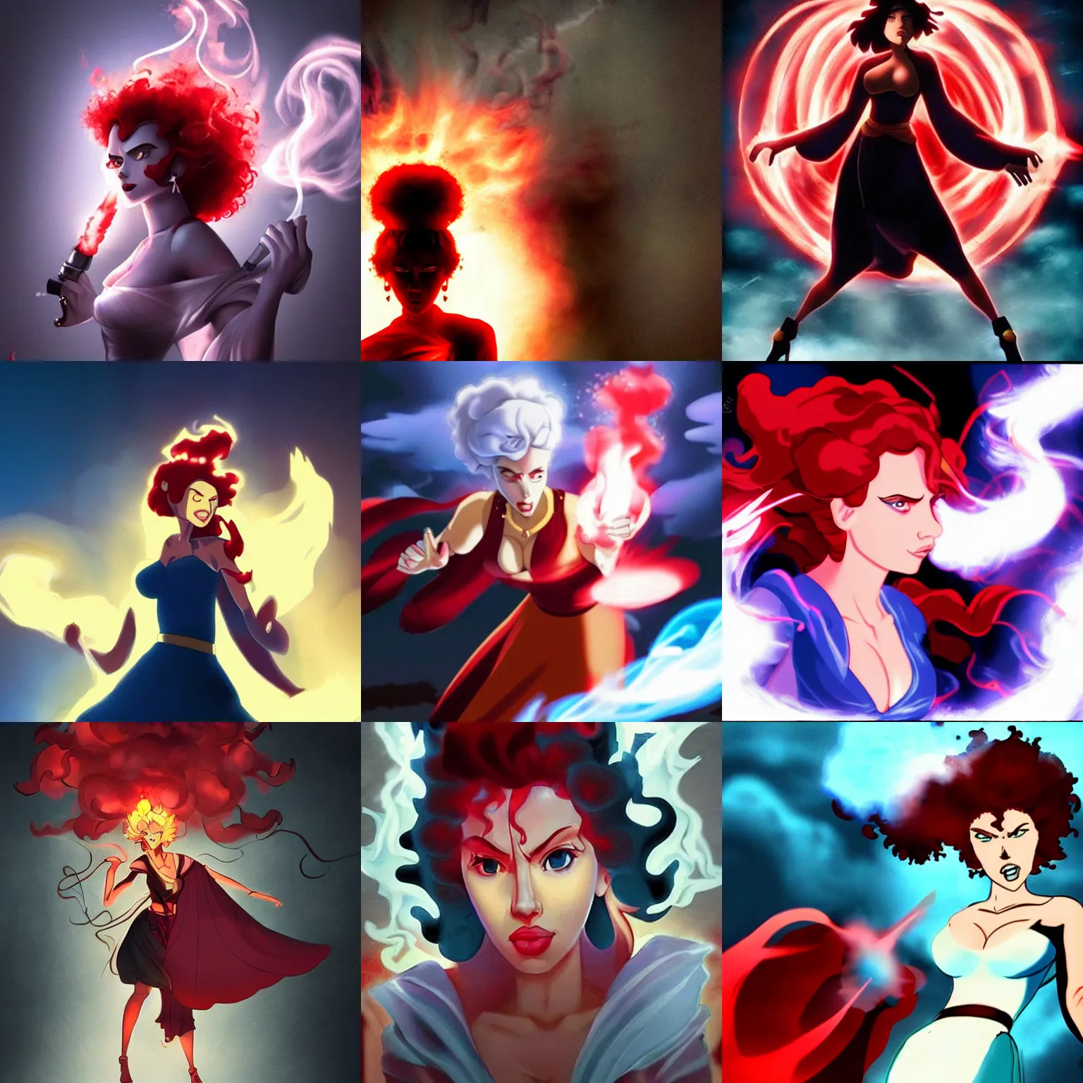 Prompt: angry scarlett johansson as a genie, red smoke coming from lamp, afro samurai anime style, dramatic lighting
